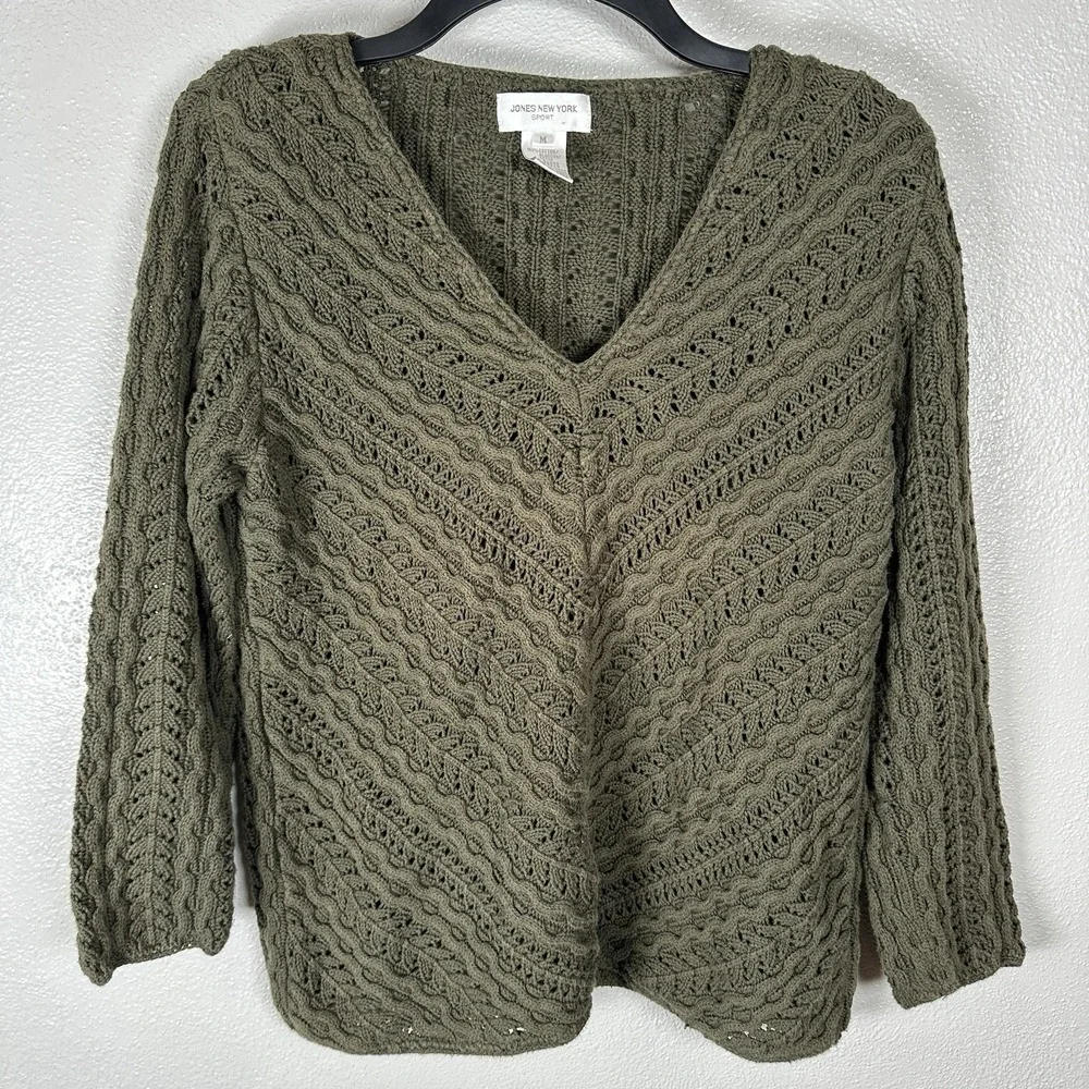 Jones New York Sport VTG Green Chunky Open Knit Sweater‎ Medium Boho Cottagecore